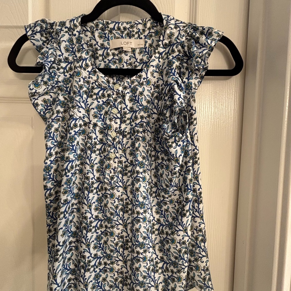 LOFT Navy and White Leaf Print Blouse